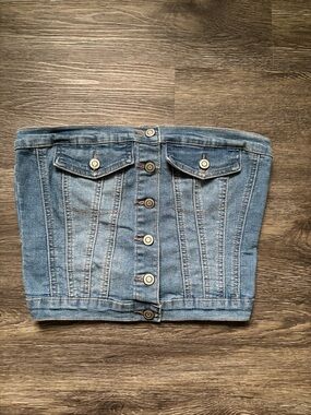 Strapless Denim Button-Front Crop Top - Light Blue